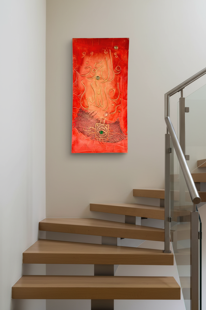 Islamic calligraphy red-orange canvas on staircase wall