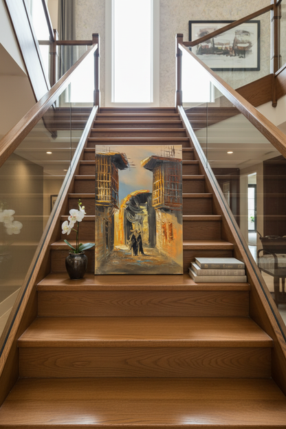 Under the arch old town oil painting staged on luxury staircase ledge – no frame