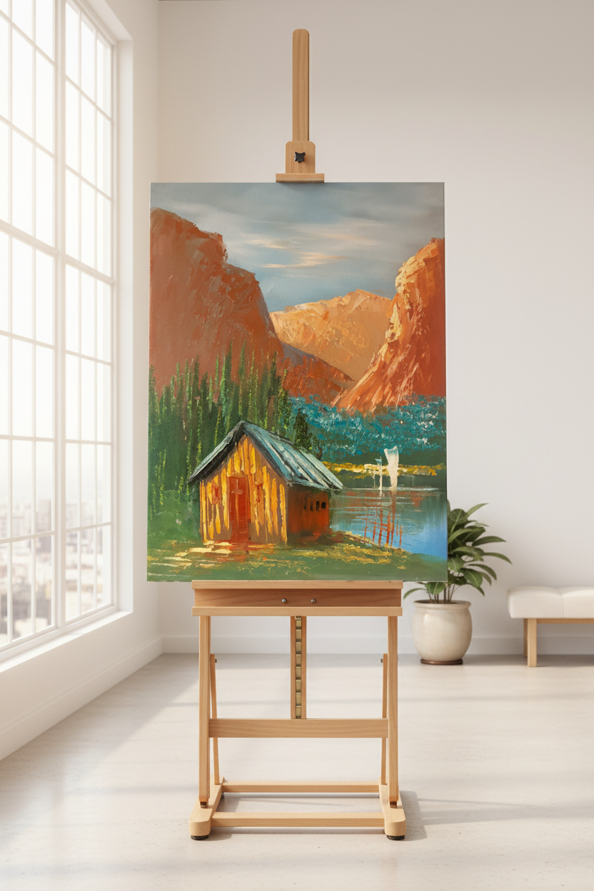 Mountain cabin painting displayed on wooden easel stand in minimalist studio