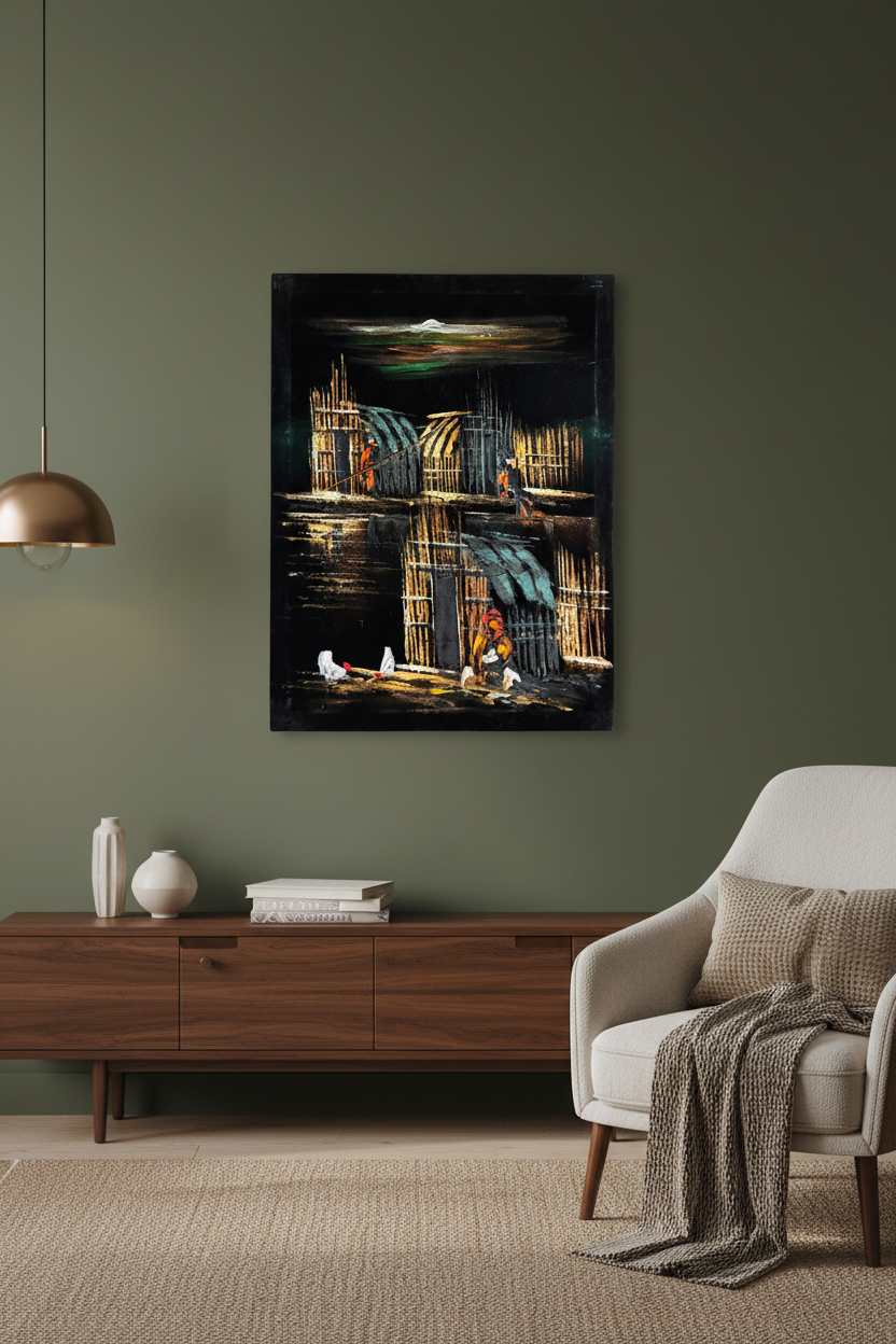 Marsh Builders at Night oil painting on deep olive green wall in warm sophisticated living room — no frame, premium interior art display