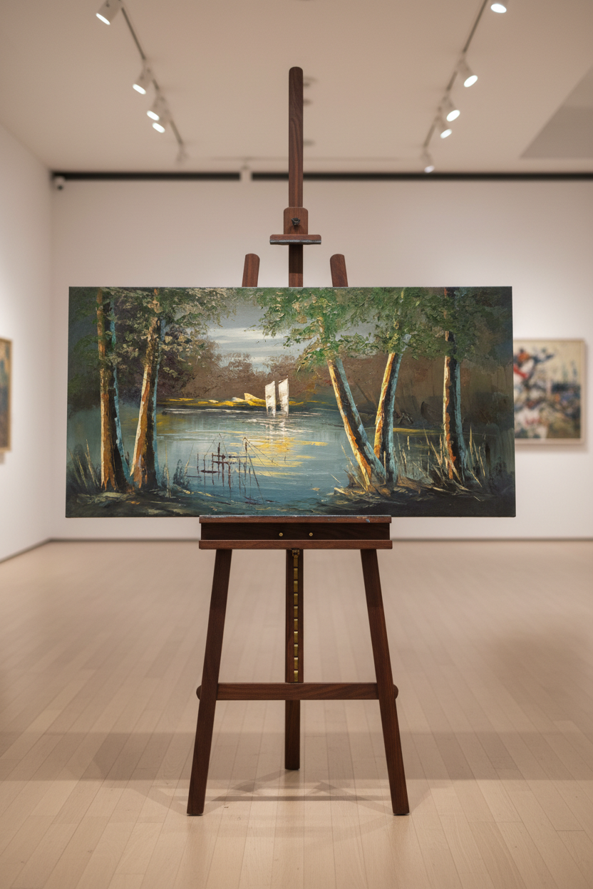 Sailboat at Moonrise oil painting displayed on art easel stand