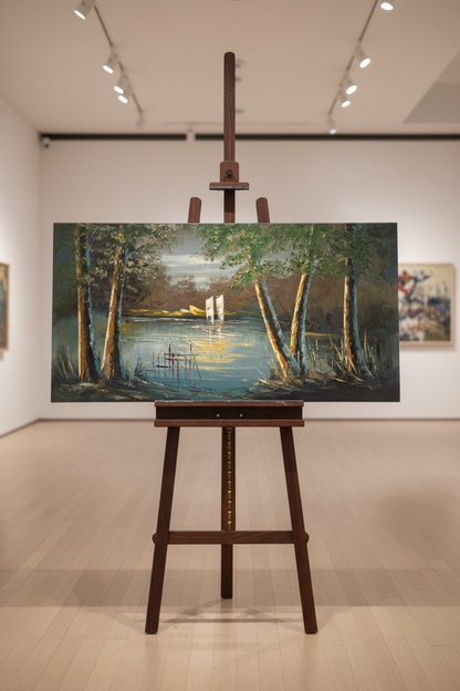 Sailboat at Moonrise oil painting displayed on art easel stand
