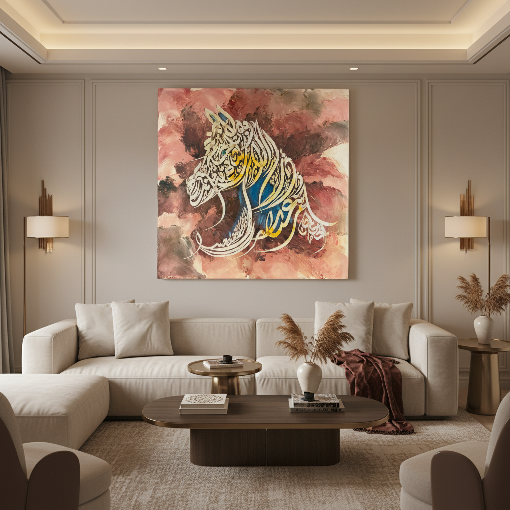 Frameless square Arabic calligraphy canvas art displayed in luxury living room interior