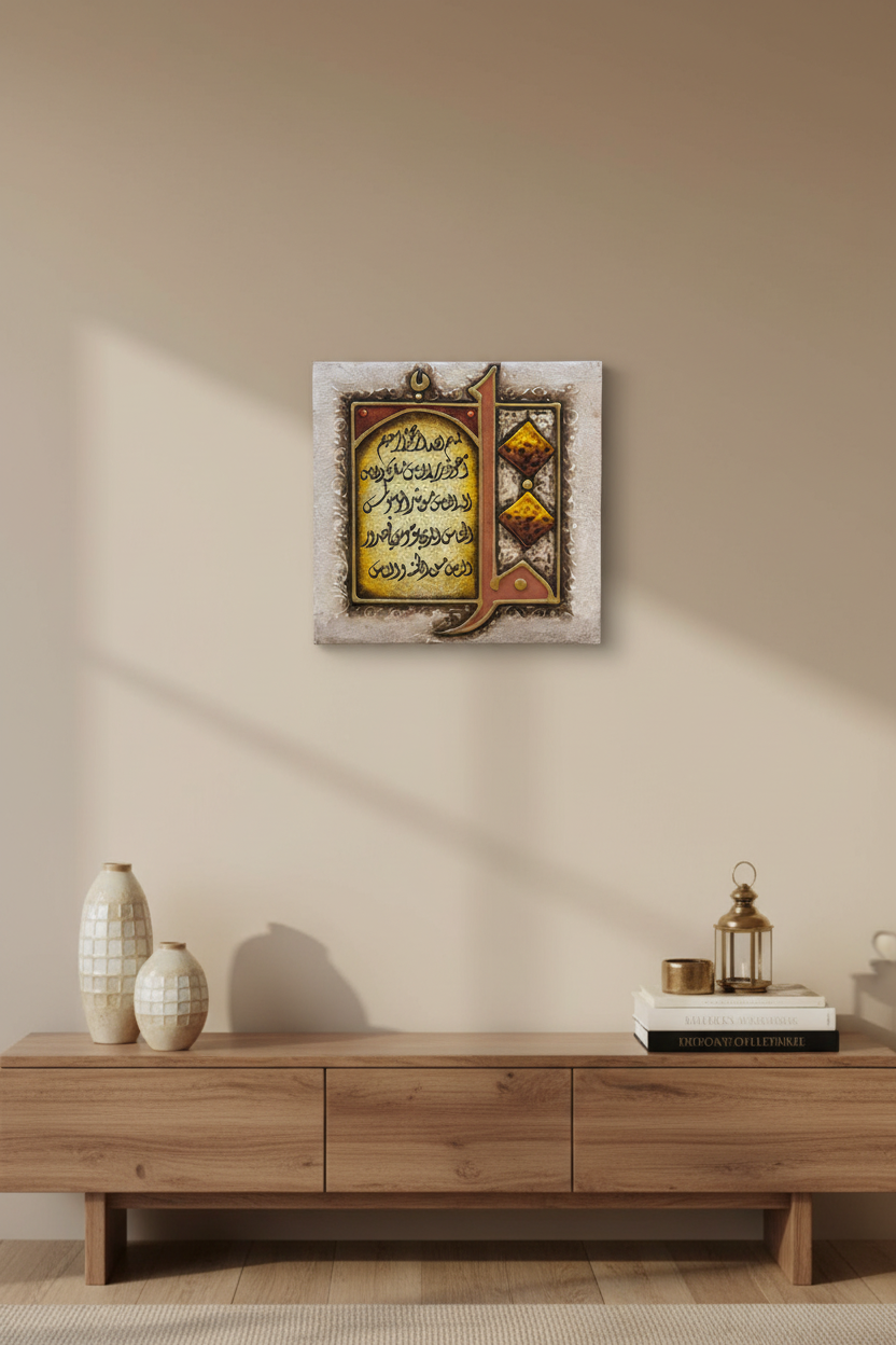 Surah Al-Nas Silver Edition Islamic calligraphy canvas displayed in modern living room above console table