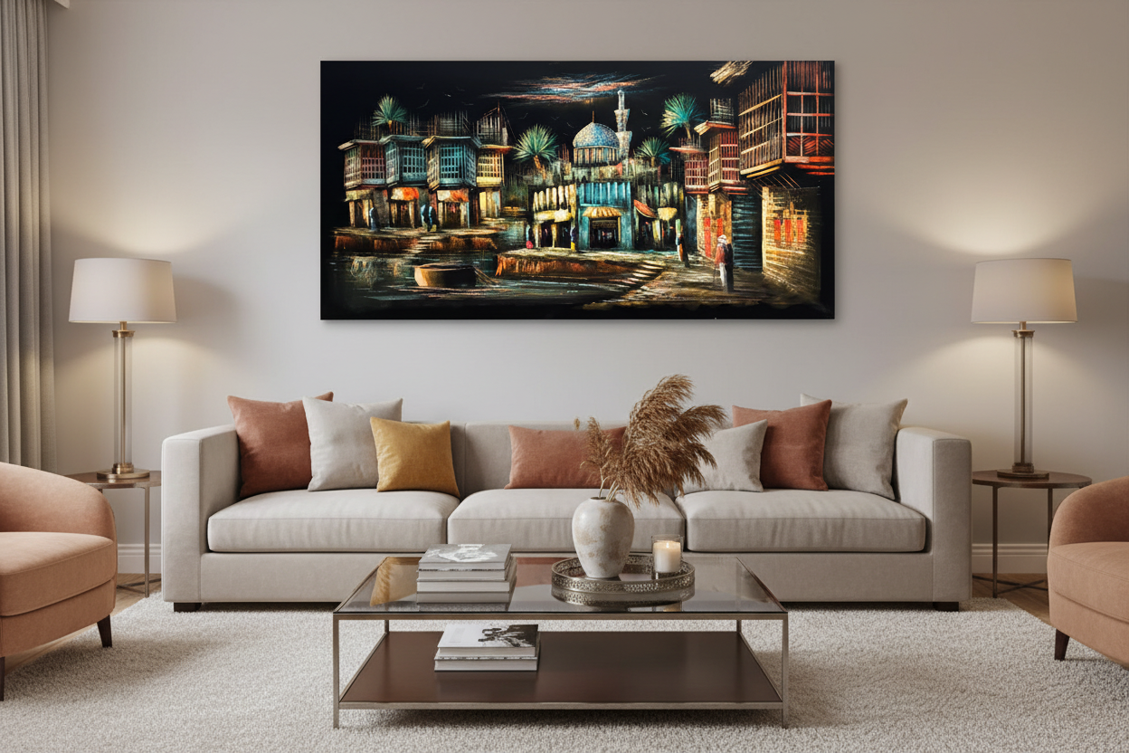 Middle Eastern waterfront bazaar night scene canvas wall art displayed in modern living room above sofa