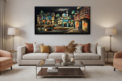 Middle Eastern waterfront bazaar night scene canvas wall art displayed in modern living room above sofa