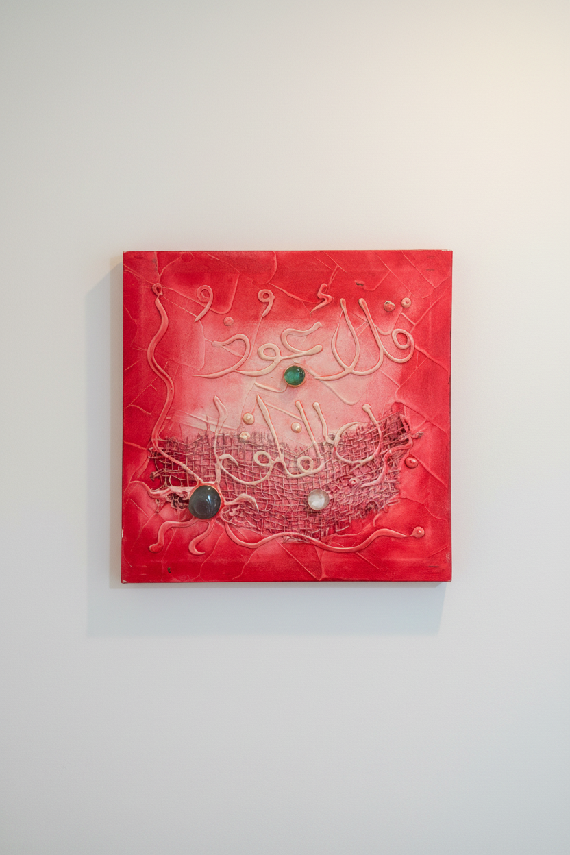 Islamic calligraphy crimson red wall art displayed on empty white wall