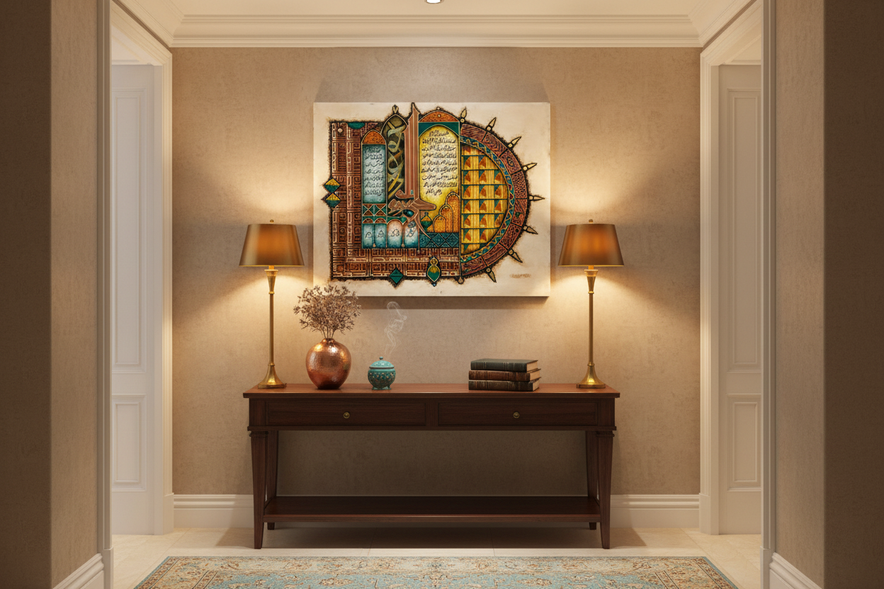 Islamic illuminated manuscript art displayed frameless in elegant hallway