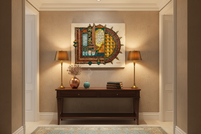 Islamic illuminated manuscript art displayed frameless in elegant hallway