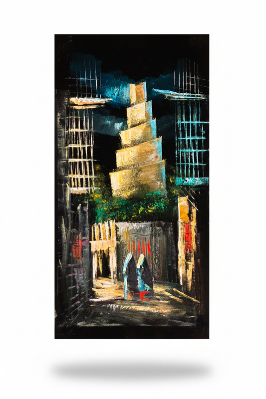 Malwiya Spiral Minaret Samarra original oil painting on white background with natural shadow