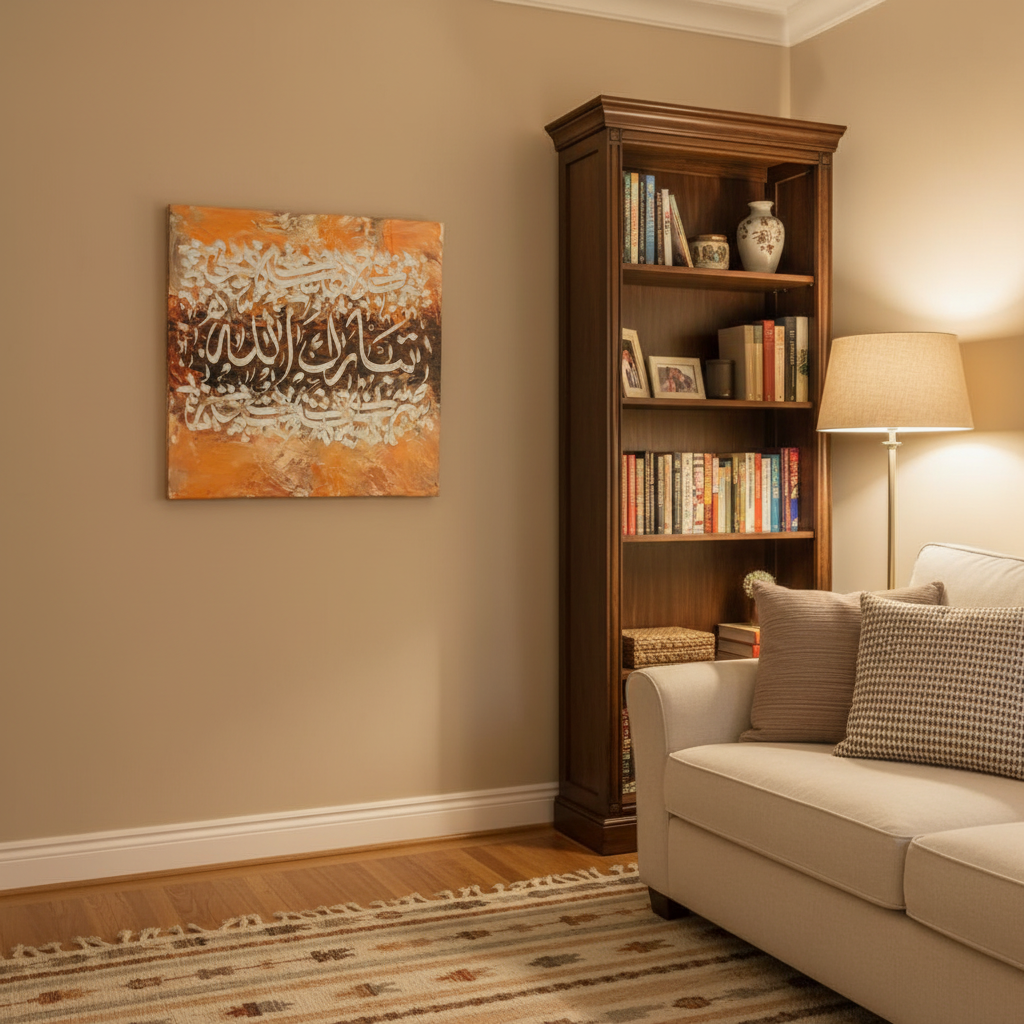 Tabarakallah gold copper square canvas art displayed in a cozy living room corner, no frame