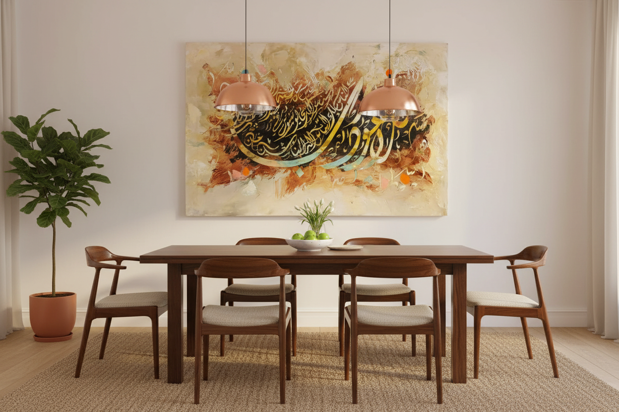 Islamic calligraphy gold teal amber canvas displayed in a dining area, no frame