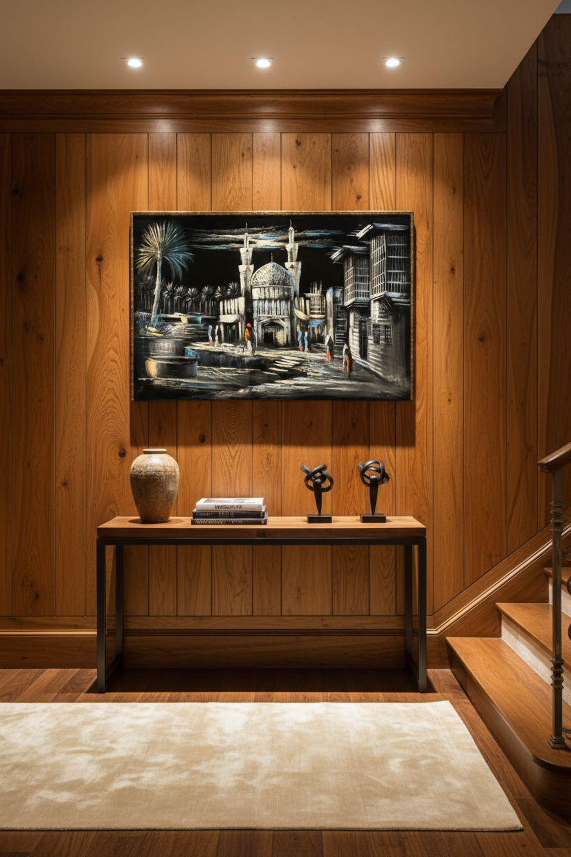 Islamic mosque canvas art displayed on luxury staircase wall — lifestyle mockup