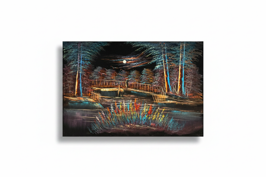 Moonlit forest bridge canvas art on white background with shadow — clean product view