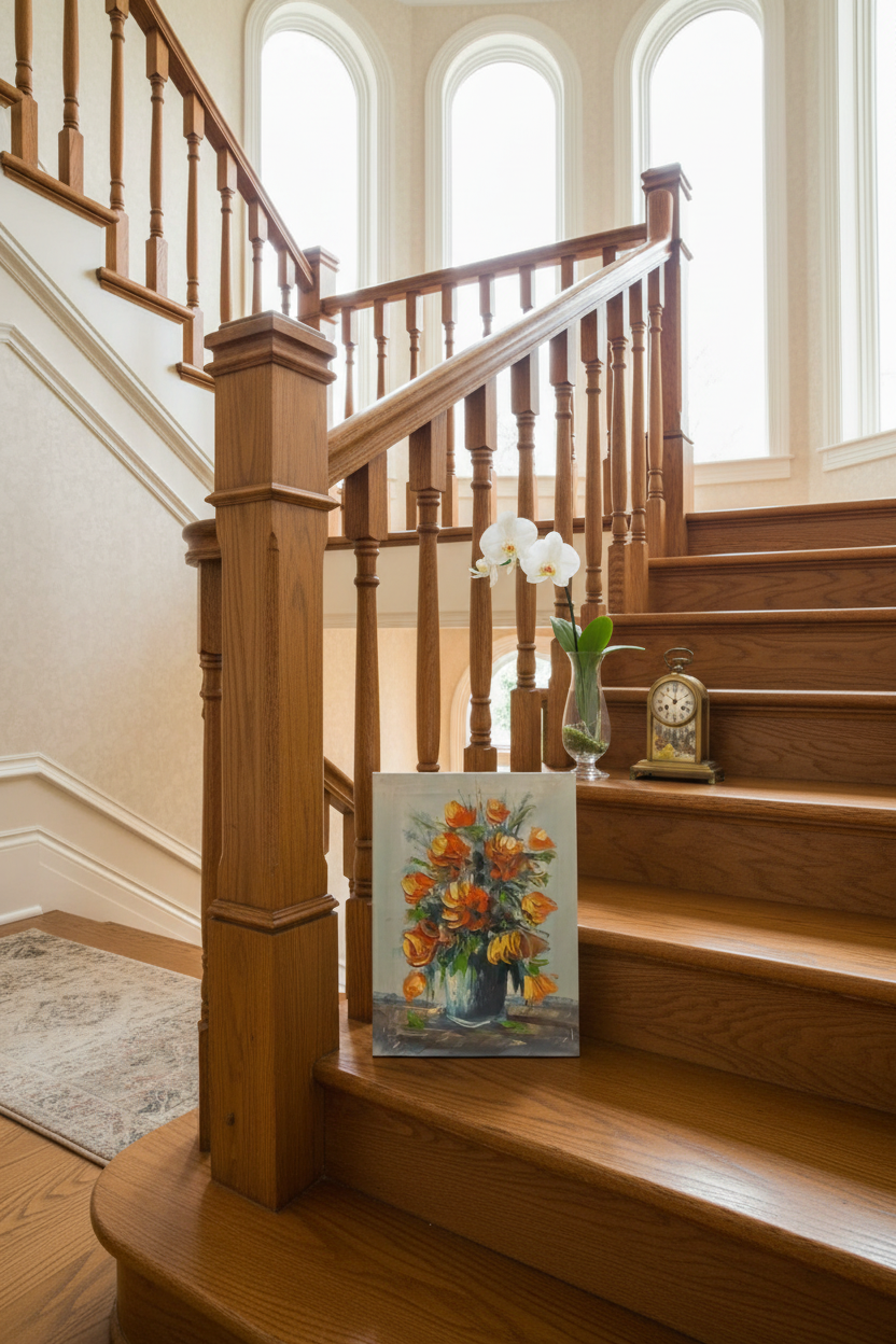 Orange tulips oil painting staged in a luxury staircase area