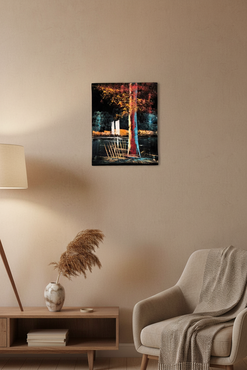 Abstract riverside night bold tree canvas art displayed in small cozy room lifestyle photo