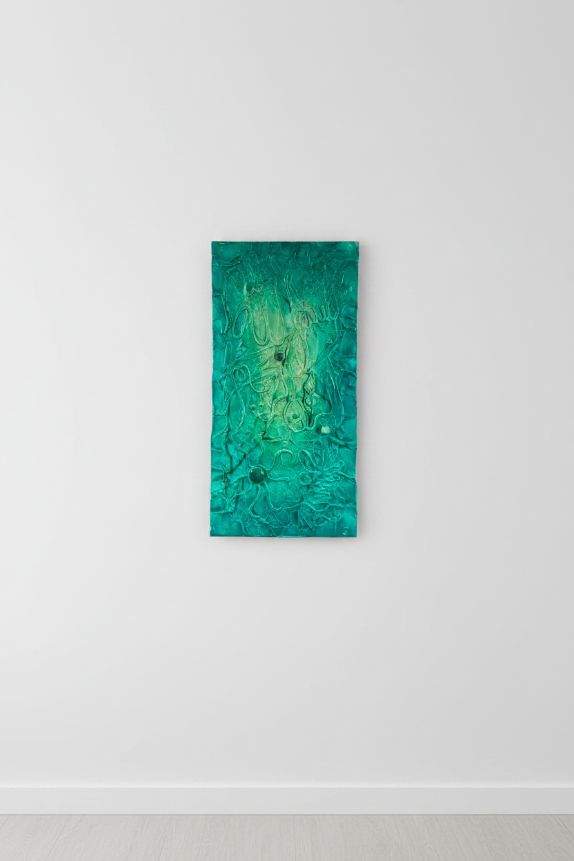 Islamic calligraphy emerald green canvas on empty white wall