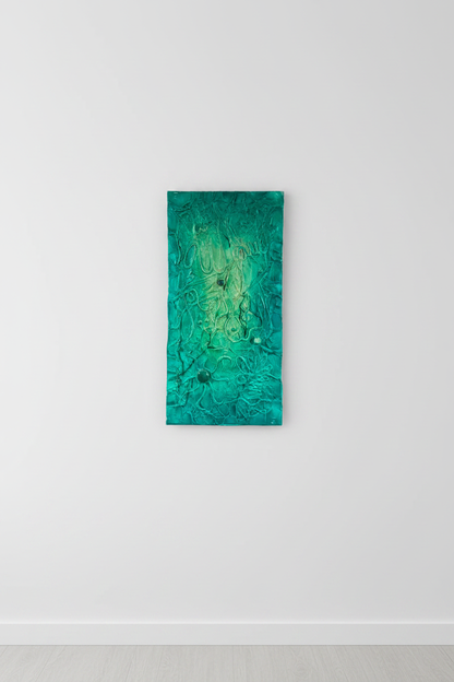 Islamic calligraphy emerald green canvas on empty white wall