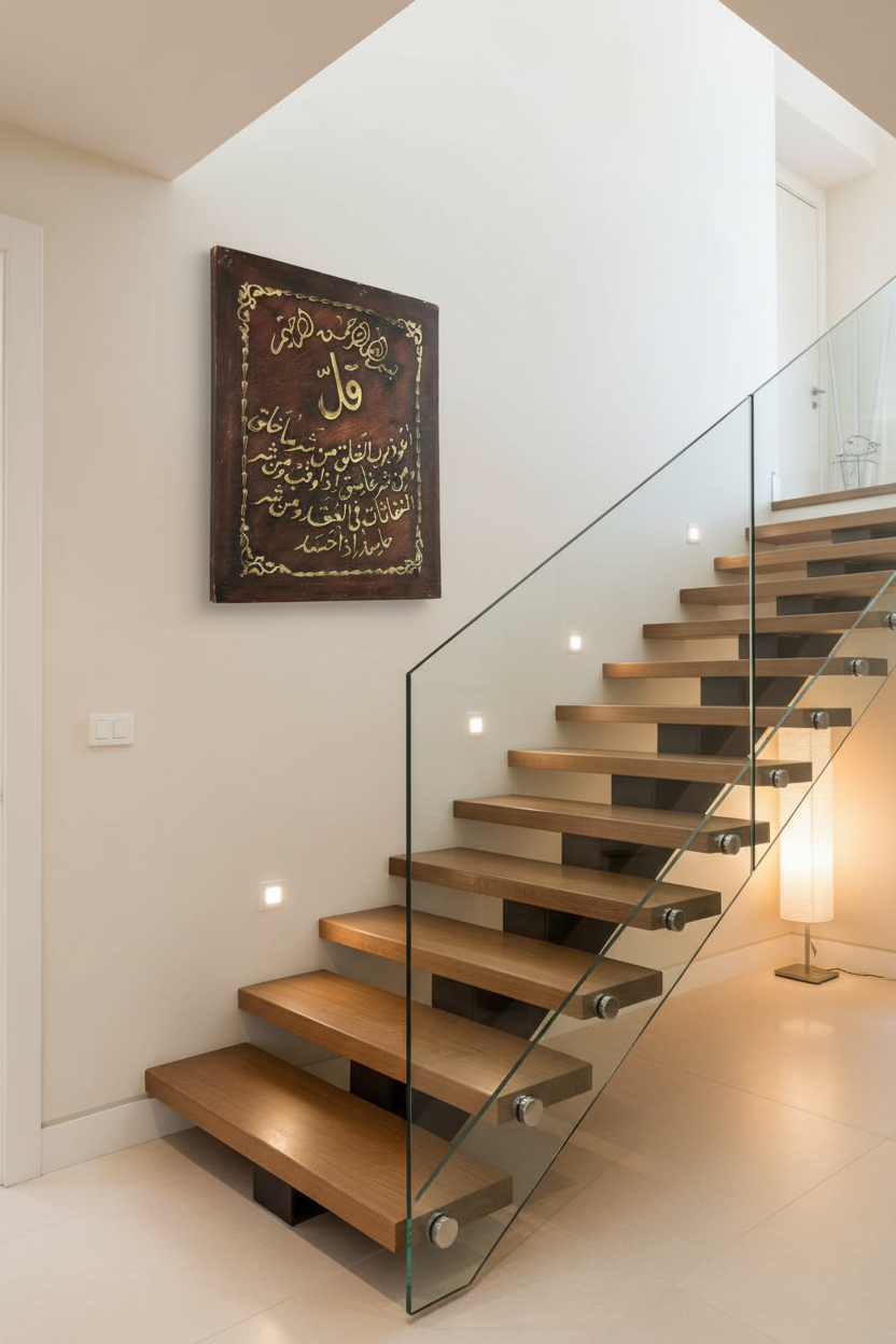Surah Al-Falaq wooden Islamic calligraphy panel mounted on staircase wall in elegant home interior