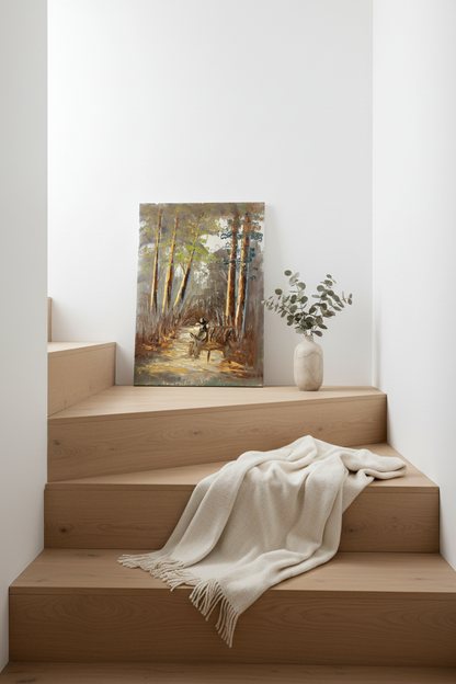 Forest path painting leaning against wall near stairs in luxury home interior