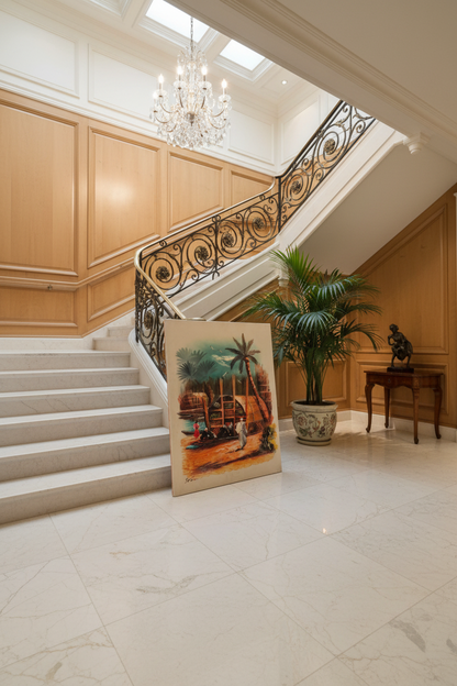 Tropical village oil painting leaning near marble staircase in an elegant luxury home