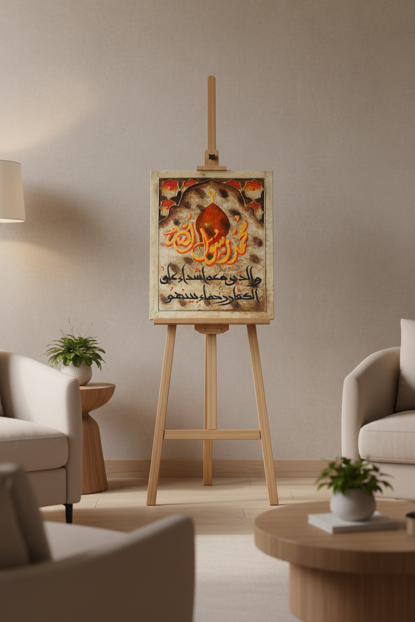 Muhammad Rasul Allah Islamic calligraphy canvas art displayed on wooden easel stand in modern living room