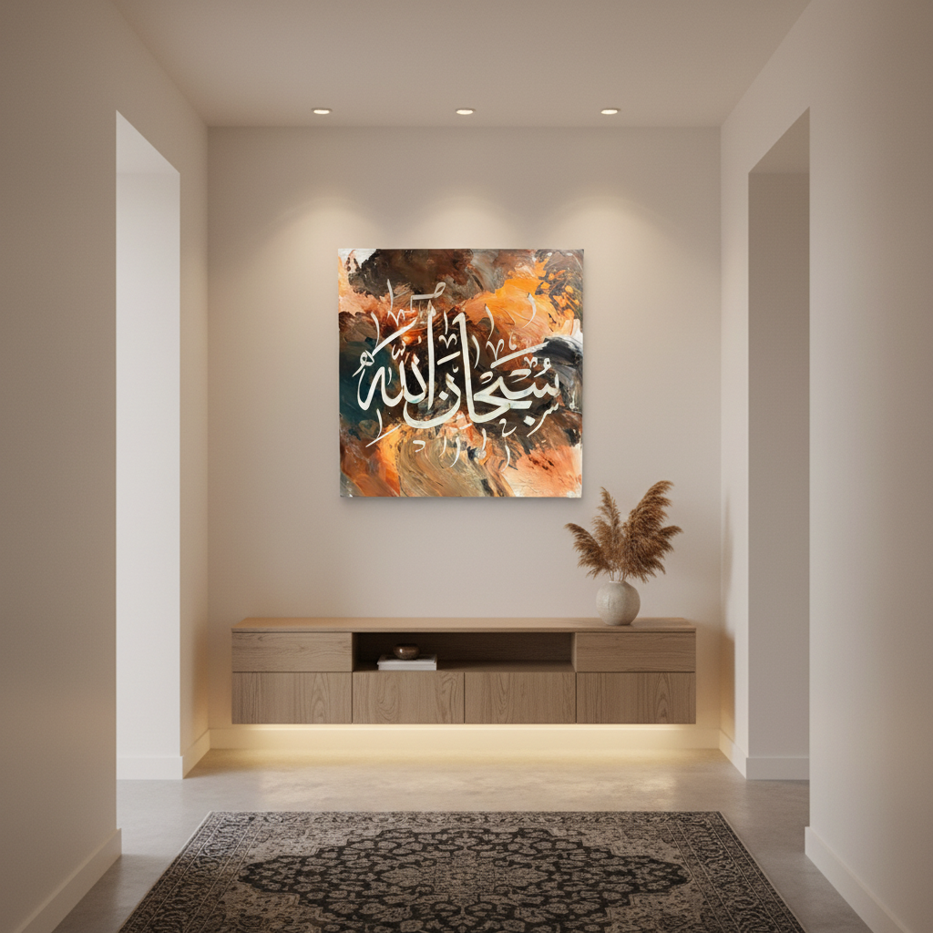 SubhanAllah white copper teal square canvas art displayed in a modern hallway, no frame