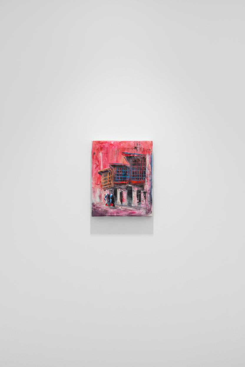 Original pink shanasheel building impasto oil painting displayed unframed on clean empty white wall