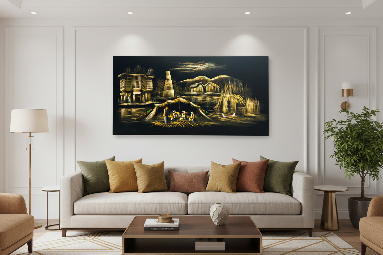 Iraqi village night scene with ziggurat canvas wall art displayed in modern living room above sofa