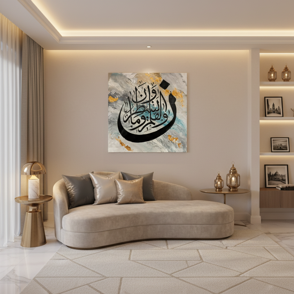 Frameless square Arabic calligraphy canvas art displayed in luxury living room interior