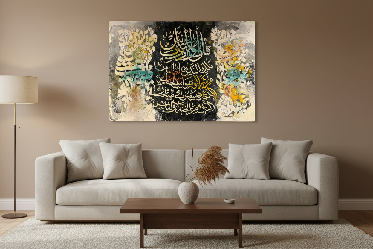 Surah An-Nas gold ivory colorful canvas displayed in a modern living room above a sofa, no frame