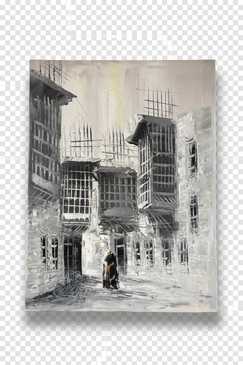 B&W old town lane oil painting with transparent background and soft drop shadow – no frame