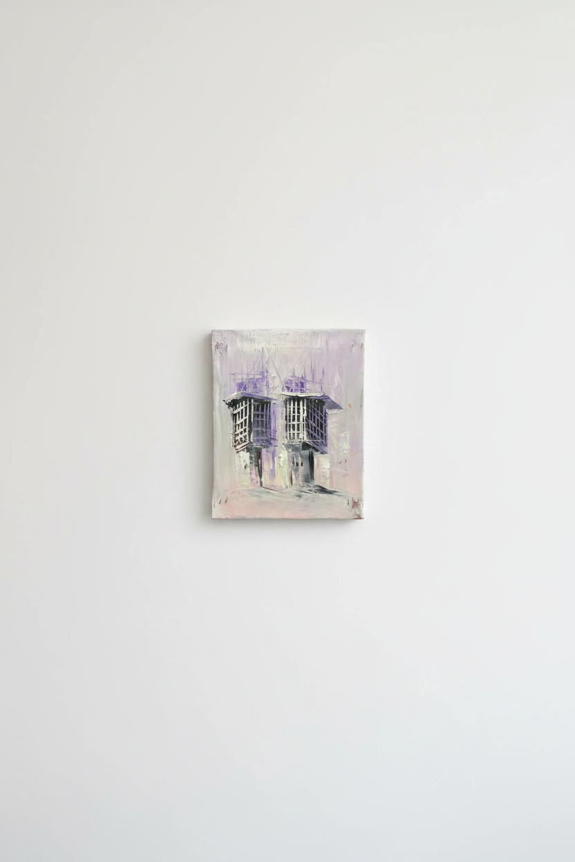 Original lavender shanasheel duo impasto oil painting displayed unframed on clean empty white wall