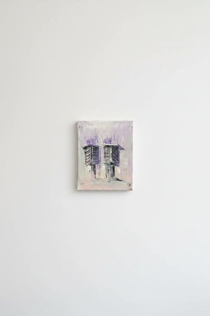 Original lavender shanasheel duo impasto oil painting displayed unframed on clean empty white wall