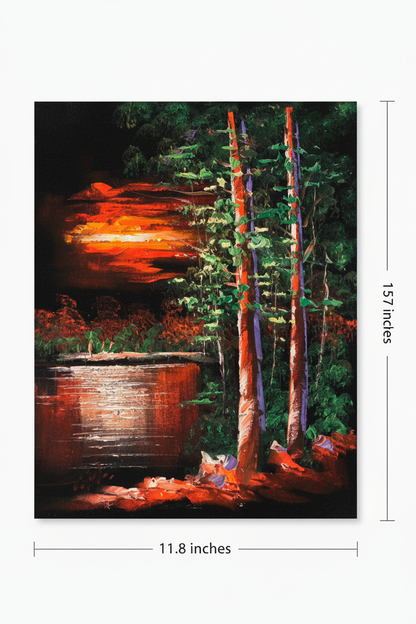 Fiery Sunset Forest by the Lake oil painting flat lay with dimensions — 11.8 inches wide by 15.7 inches tall, 30x40cm portrait canvas