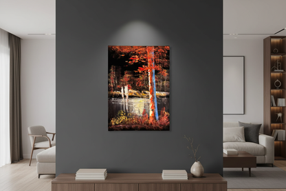 Autumn forest lake night canvas art hung on dark charcoal accent wall in sophisticated modern living room lifestyle photo