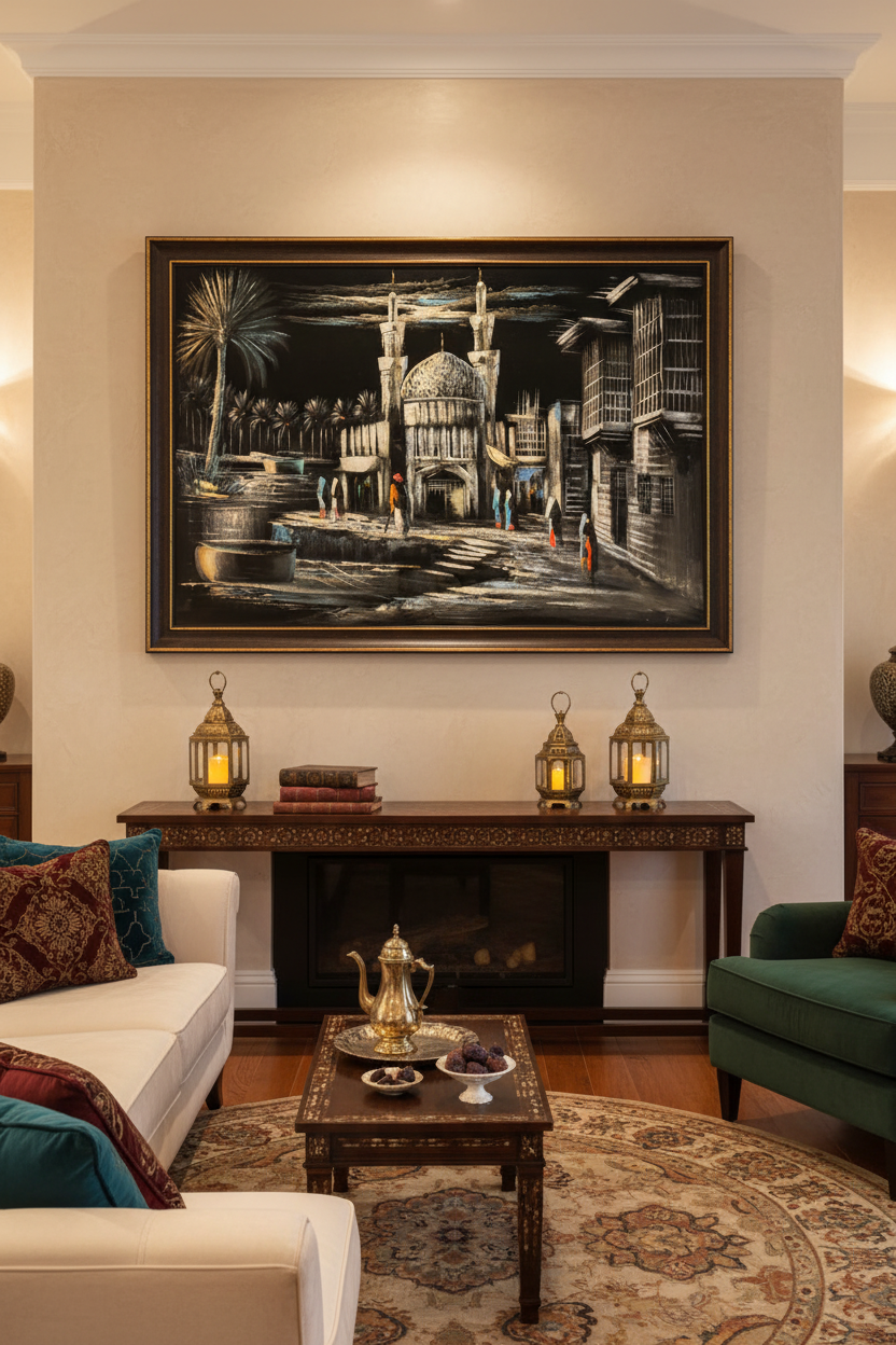 Islamic mosque canvas art in luxury living room sitting area — lifestyle mockup