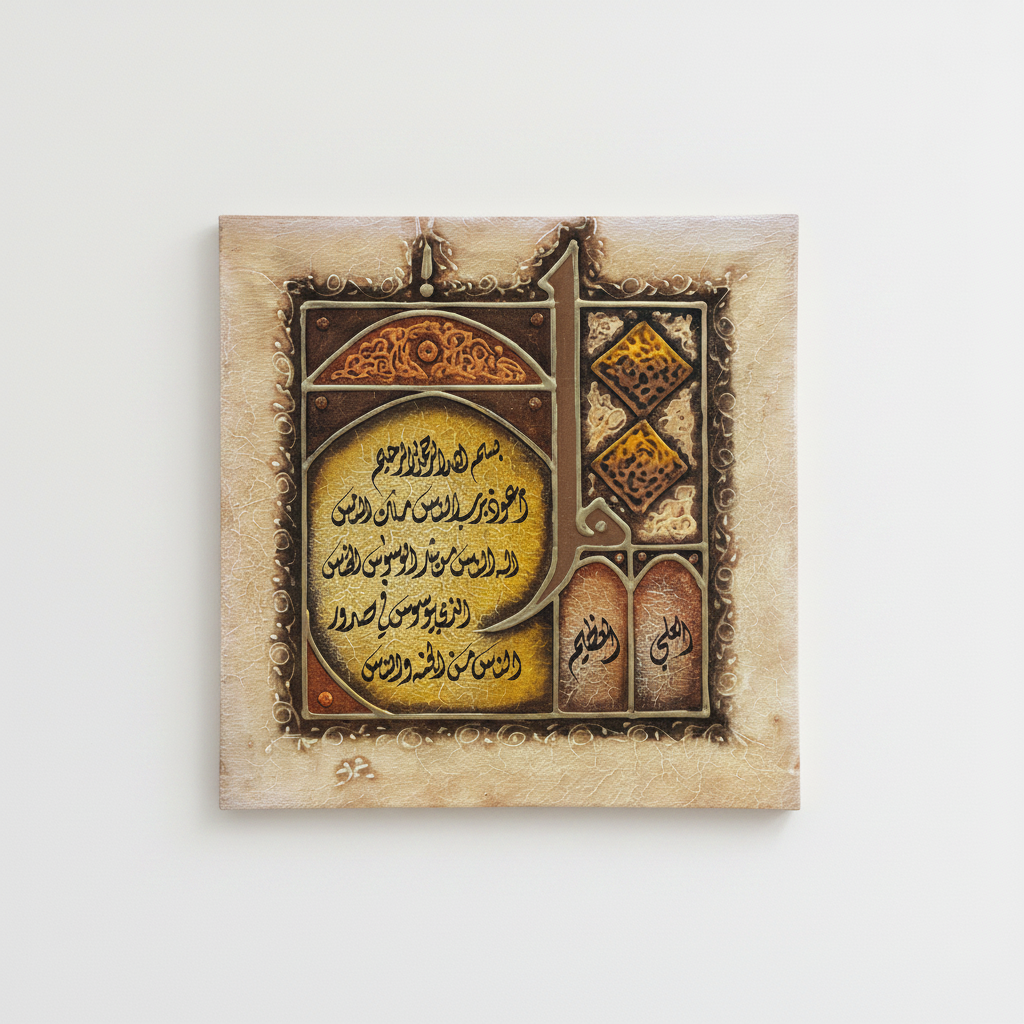 Al-Ali Al-Aleem Islamic calligraphy canvas hung on empty white wall