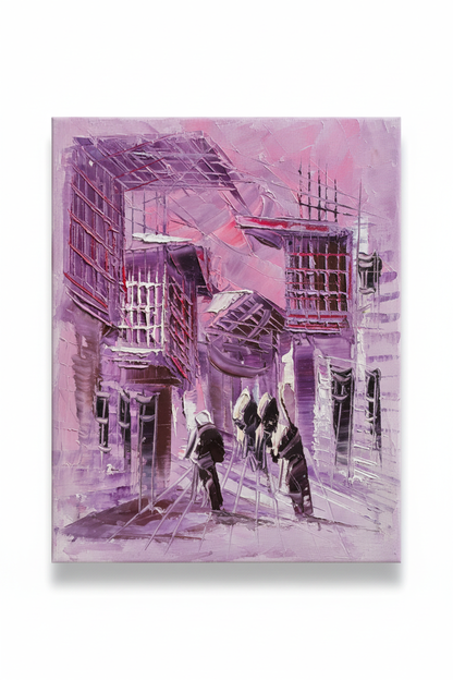 Purple old city shanasheel impasto oil painting isolated on white background with soft drop shadow — no frame