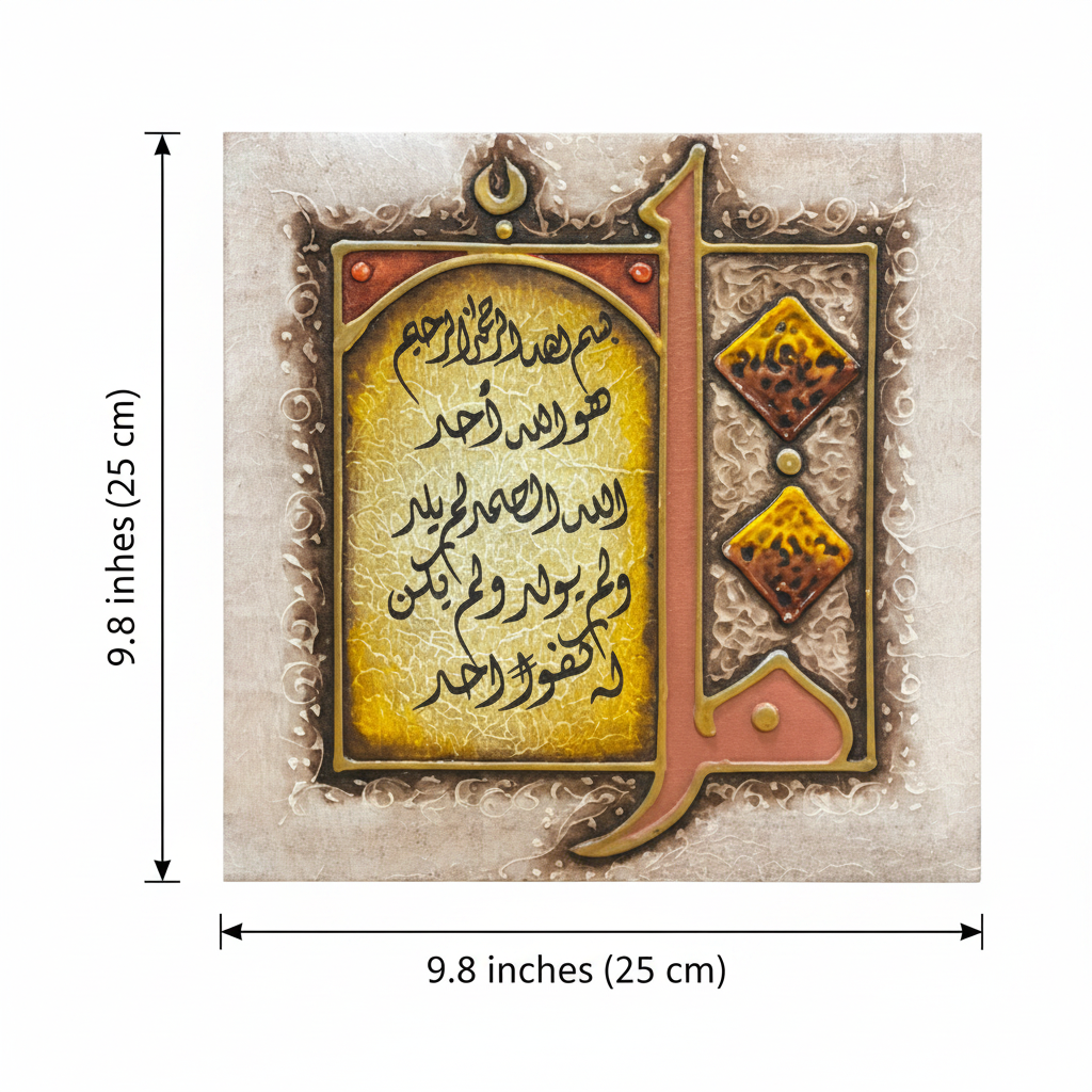 Surah Al-Ikhlas canvas dimension diagram – 9.8 inches x 9.8 inches (25cm x 25cm)