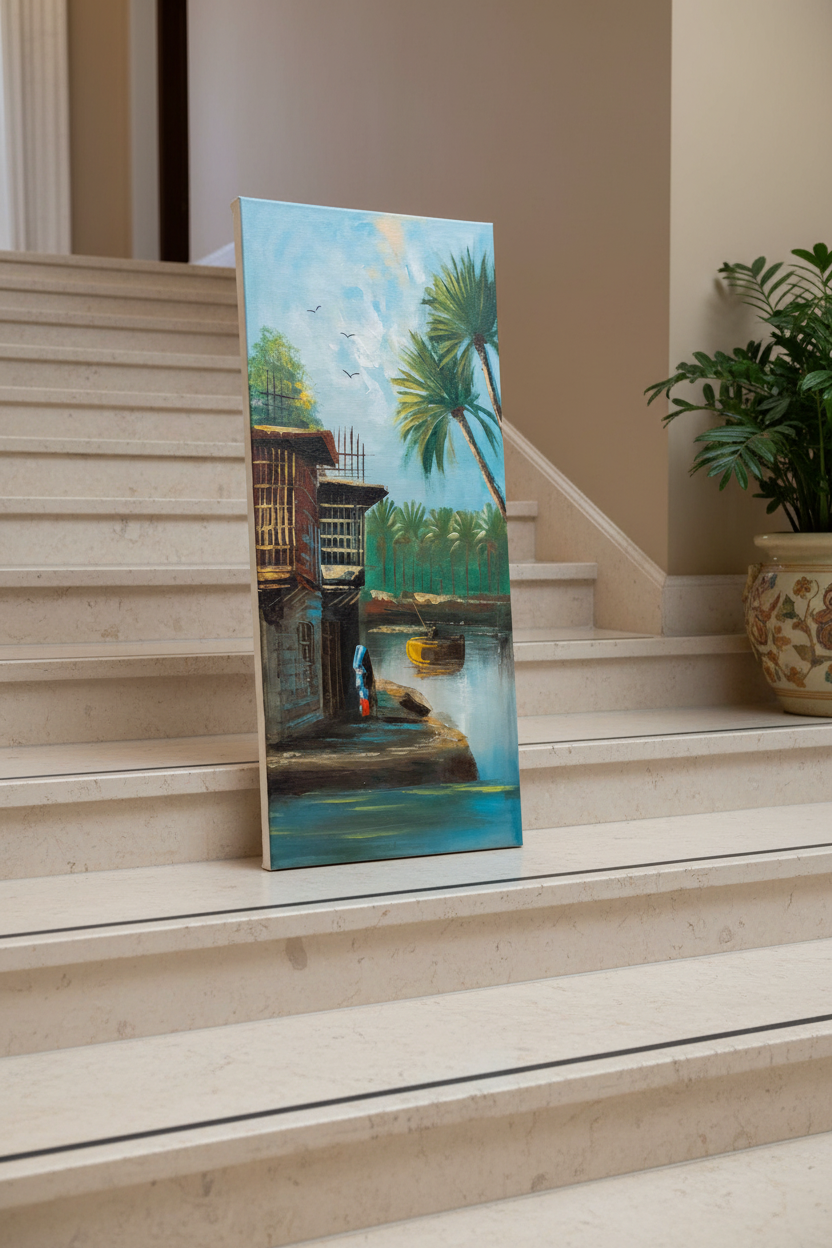 Original oil painting leaning against stone stairs in an elegant interior – no frame