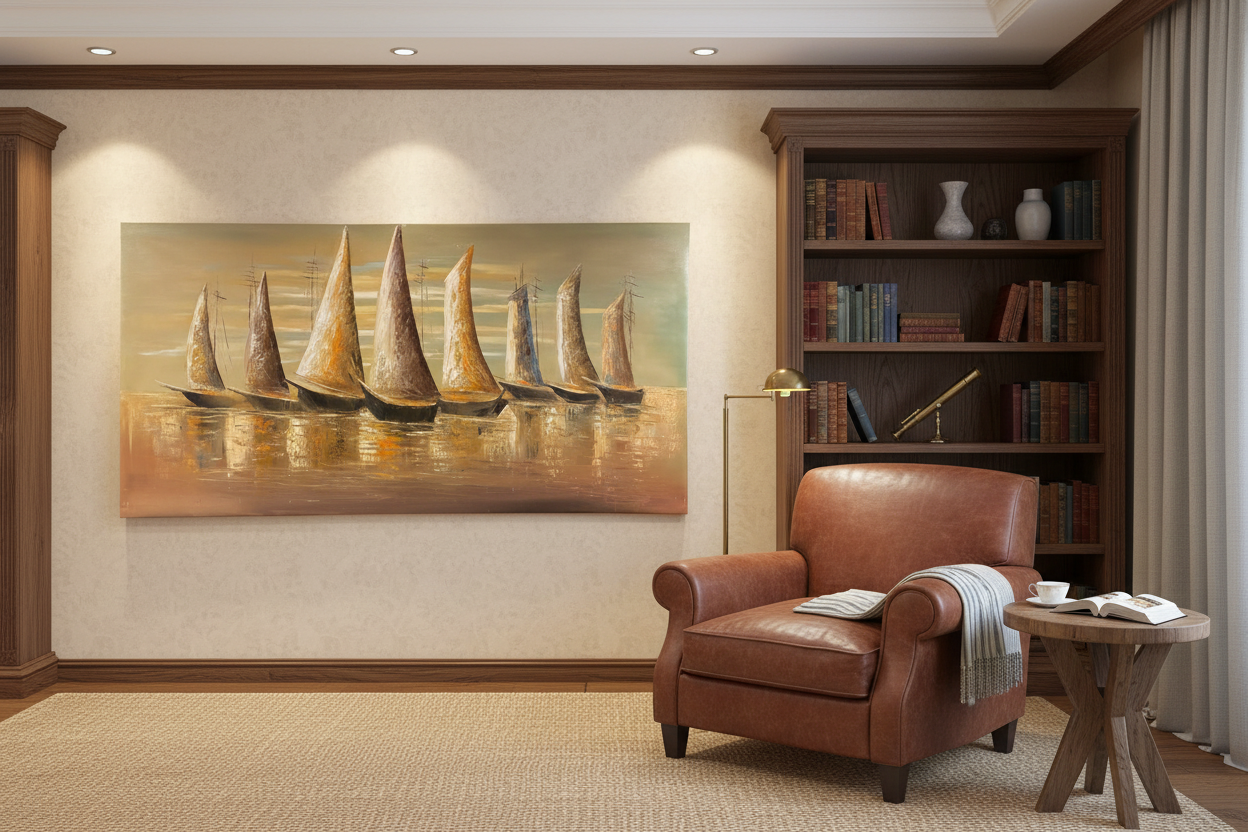 Seagoing Dhows painting in elegant living room lounge – lifestyle interior view