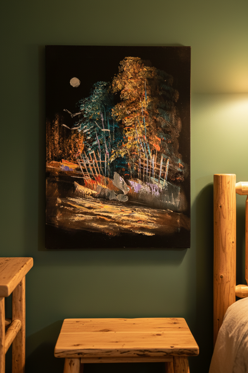 Moonlit Forest at Night oil painting on dark forest green wall in cozy woodland cabin bedroom — no frame, warm lifestyle art photography