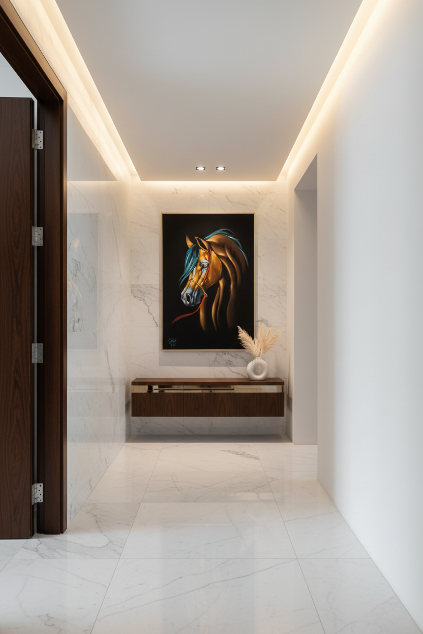 Arabian horse portrait canvas art in upscale hallway — lifestyle interior mockup