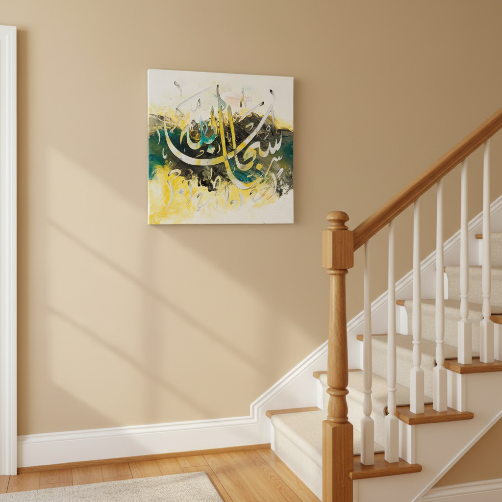 SubhanAllah bold script calligraphy canvas hung on a staircase wall at realistic scale
