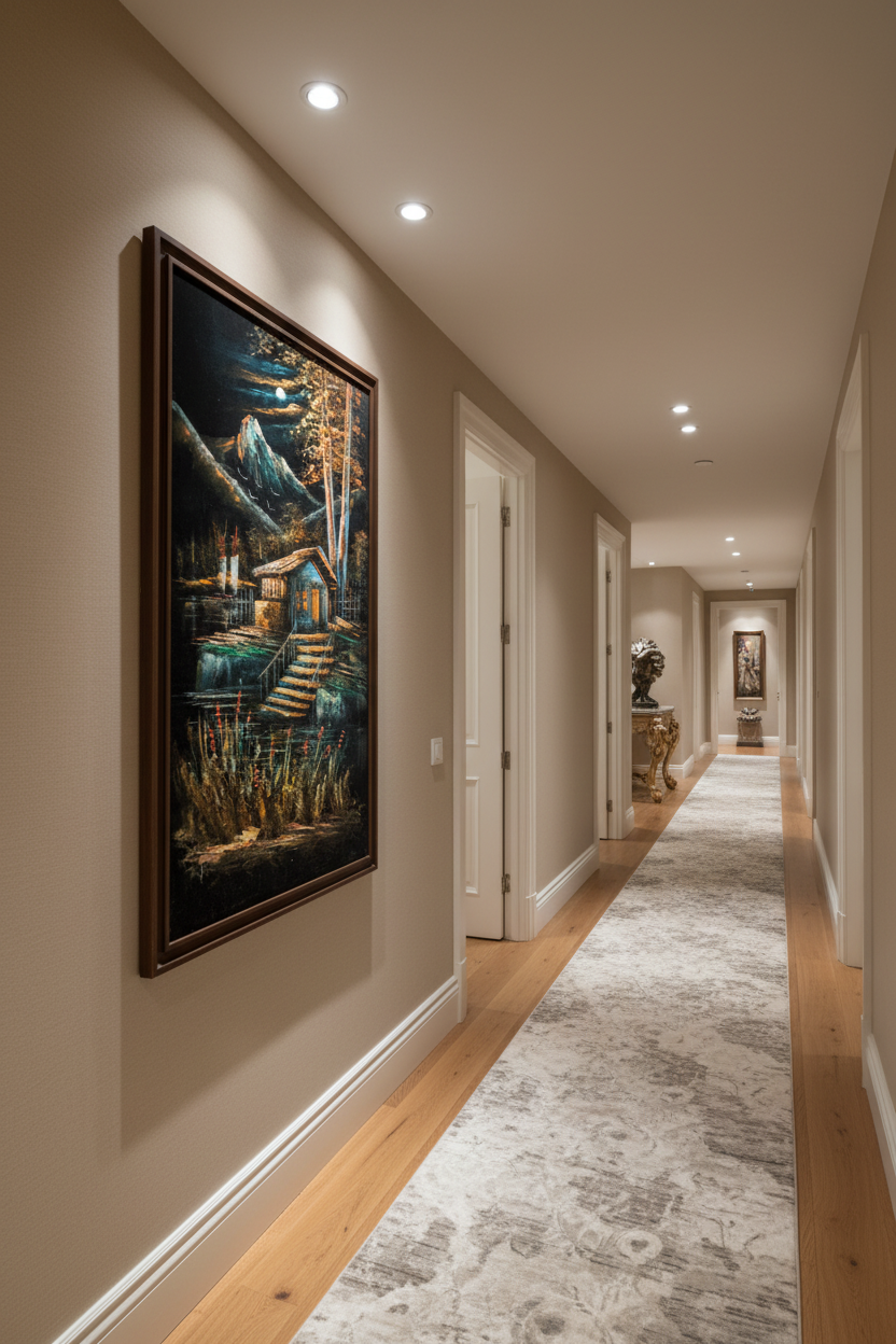 Moonlit mountain lakehouse painting displayed in elegant hallway interior
