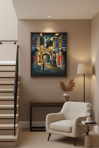 Middle Eastern old city bazaar archway night scene canvas art staged on a modern home stairway wall