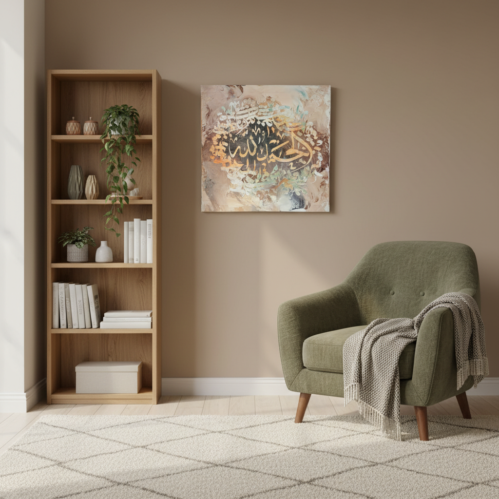 Alhamdulillah pearl white square canvas art displayed in a cozy living room corner, no frame