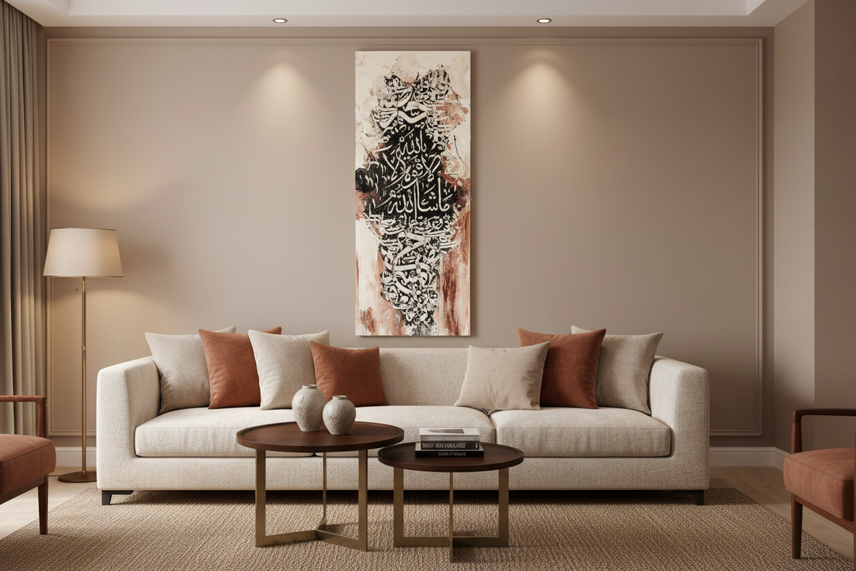 Mashallah Islamic calligraphy canvas wall art displayed in a modern living room, no frame