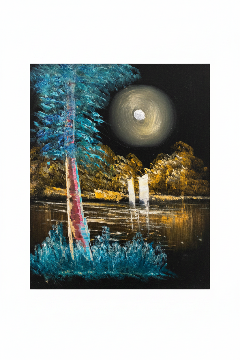 Giant full moon over forest lake fine art canvas on white background product photo
